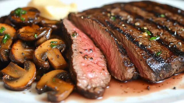 selective focus grilled beef steak saut&eacute;ed mushrooms butter garlic close up plated dish