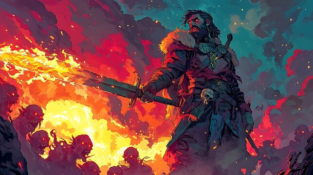 Bearded warrior with sword faces attacking demonic creatures amidst fire and smoke