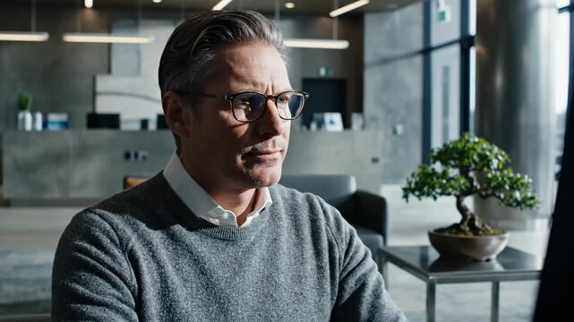 Serious Businessman With Glasses Concentrates While Working On A Computer in Modern Office