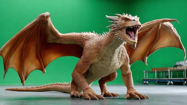 Majestic Dragon in Action: A breathtaking view of a mythical dragon, its powerful wings unfurled, captured against a vibrant green backdrop.