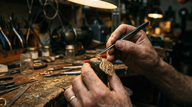 Close-up of a master jeweler's hands using precision tools to craft intricate gold filigree jewelry at a traditional wooden workbench in a moody, dimly lit workshop