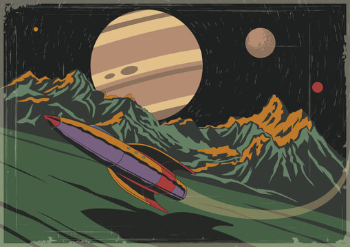 Space Journey Retro Futurism Poster, Old Cosmic Style Vector Illustration. Space Rocket, Unknown Planet Landscape, Aged Textured Frame