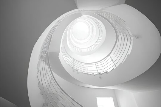 A striking black and white photograph captures the elegant, spiraling form of a staircase ascending towards a bright, circular skylight.