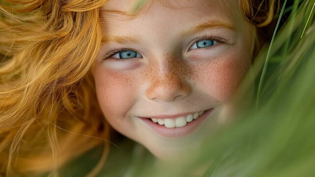 selective focus portrait of red haired girl among green leaves