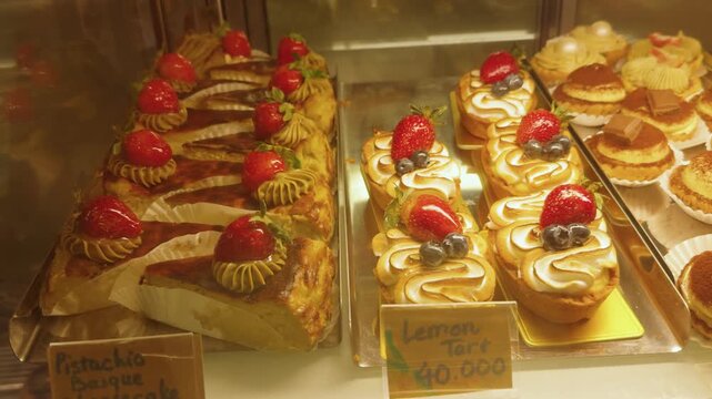Displaying a delicious array of fresh fruit tarts including lemon meringue tarts with strawberries and blueberries, and pistachio basque slices, showcasing sweet desserts in a bakery shop window