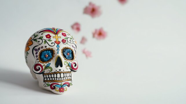 Colorful decorative skull with floral patterns on a light background.