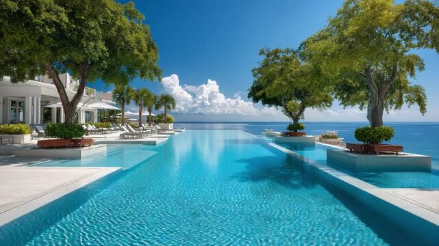 Infinity Pool Oasis: An idyllic infinity pool mirrors the sky's vastness, offering a tranquil escape. Palm trees and lush greenery frame the scene.