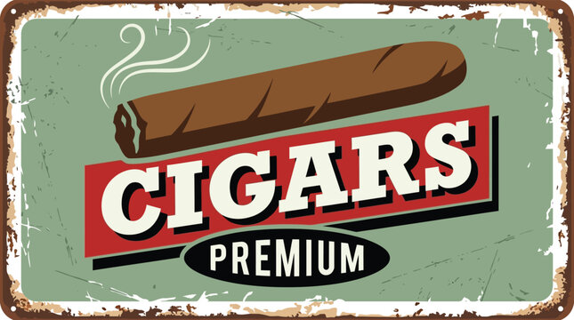 Vintage Style Rusty Metal Sign for Premium Cigars Tobacco Shop Retro Advertising Poster Design