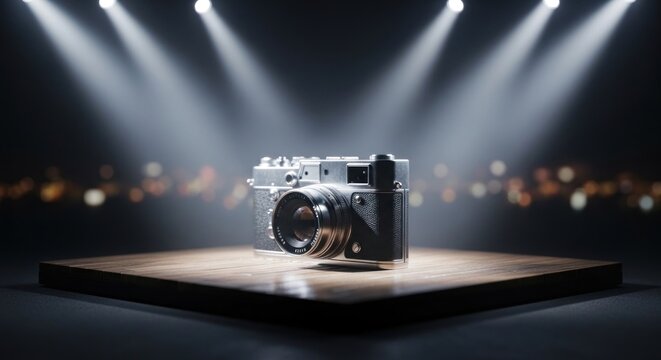 A vintage camera on a pedestal under spotlights, celebrating photographic artistry and classic design in a studio setting