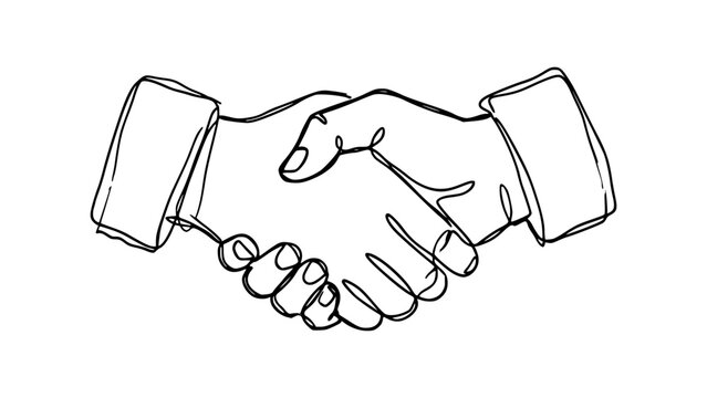 A modern continuous line drawing of a handshake. This minimalist piece of line art uses a single, unbroken black stroke to represent connection, agreement, and partnership on a white background
