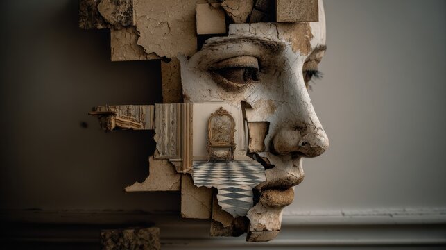 Fragmented sculpture of a face revealing an interior room design
