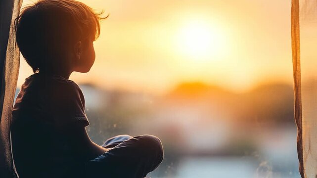 selective focus sad child alone in shadowed room with slumped posture