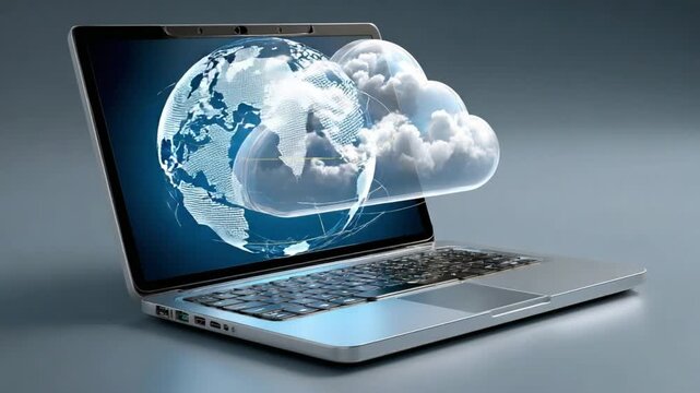 Cloud Computing: A sleek laptop displays a globe and cloud, symbolizing the power of cloud computing and interconnected data.