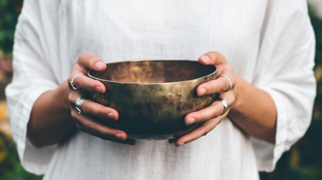 Woman holding a metallic bowl with a serene expression in a natural setting.