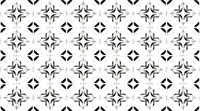 A symmetrical pattern of geometric floral motifs in black and white, showcasing intricate detail and repetition for design backgrounds or textiles