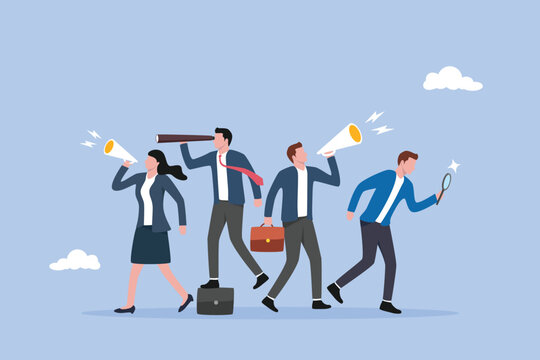 Recruitment, business people searching with binoculars and megaphone,  human resources searching for candidate, marketing search for client or customer concept, hiring or finding staff for vacancy.