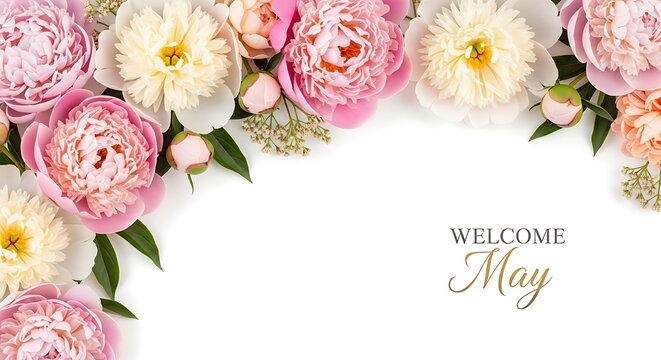 elegant may welcome floral wreath with pink roses and peonies on white background