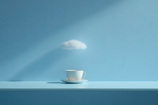 Minimalist Coffee Cup with Cloud and Light Rays on Blue Background.