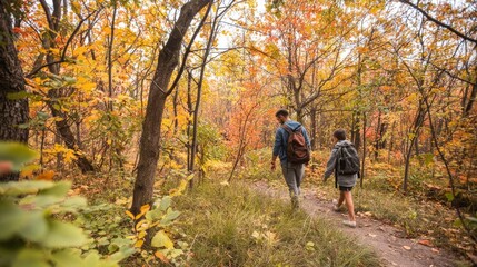 Fototapeta premium A woman and a boy walk through a colorful autumn forest trail.