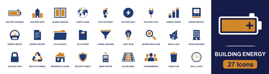 Building energy efficiency icon set. Containing battery charger, smart meter, solar panel, light bulb, plug, office building, house, recycle symbol and more. Solid fill vector icons. © Sadam