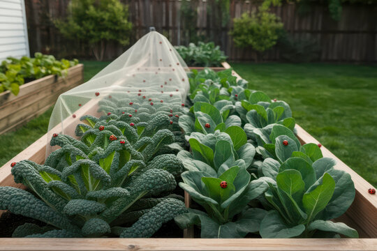 Raised garden beds with leafy green vegetables protected by a mesh netting, surrounded by a lawn and wooden fence.