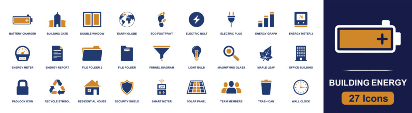 Building energy efficiency icon set. Containing battery charger, smart meter, solar panel, light bulb, plug, office building, house, recycle symbol and more. Solid fill vector icons.