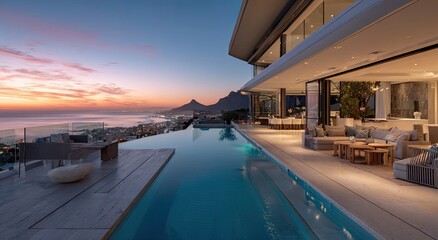 Fototapeta premium A luxurious modern villa with an infinity pool overlooks a stunning coastal cityscape at sunset, showcasing elegant architecture and breathtaking panoramic views.
