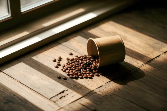 Coffee beans spill from a tipped ceramic cup onto a sunlit wooden surface, casting soft shadows in warm natural light near a window.