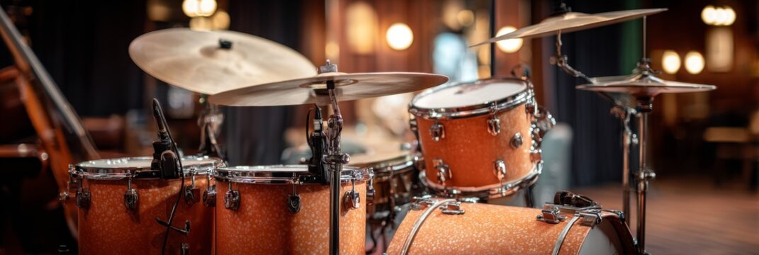 Close-up of a sparkling orange drum set in a dimly lit jazz club setting.