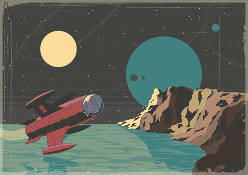 Space Journey Retro Futurism Poster, Old Cosmic Style Vector Illustration. Space Rocket, Unknown Planet Landscape, Aged Textured Frame