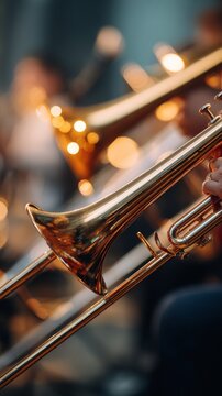 Close-up of gleaming brass trombones during a lively musical performance.