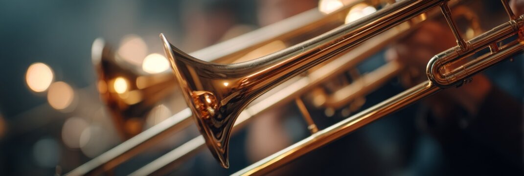 Close-up of shiny brass trombones at a lively music performance.