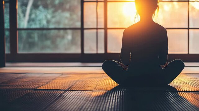 selective focus person meditating on tatami mats in minimalist japanese room