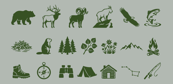 Rocky Mountain Wildlife Icon Set for Nature Conservation and Outdoor Adventure Branding