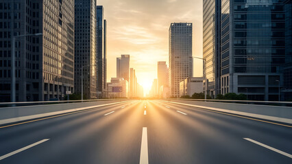 Obraz premium Urban highway with modern skyscrapers bathed in golden sunset light leading to the horizon