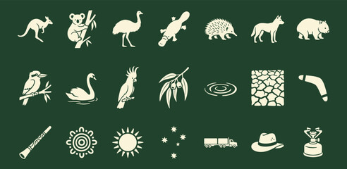 Australian wildlife and outback culture icons in a minimalist flat vector grid layout © 777SKYLABS