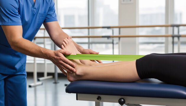 professional physical therapist in blue scrubs assisting patient with foot and ankle rehabilitation using green resistance band on medical table for sports injury recovery concept