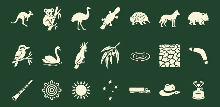 Australian wildlife and outback culture icons in a minimalist flat vector grid layout