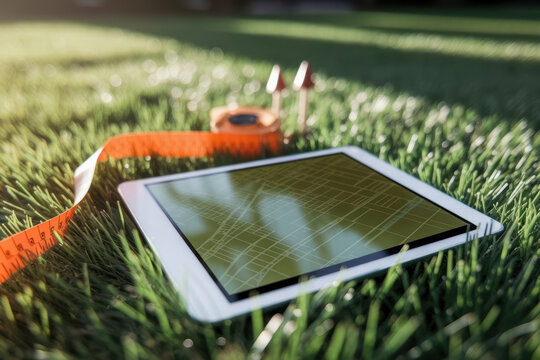 A tablet displaying a map lies on grass next to a measuring tape and two push pins, suggesting outdoor planning or landscaping work.