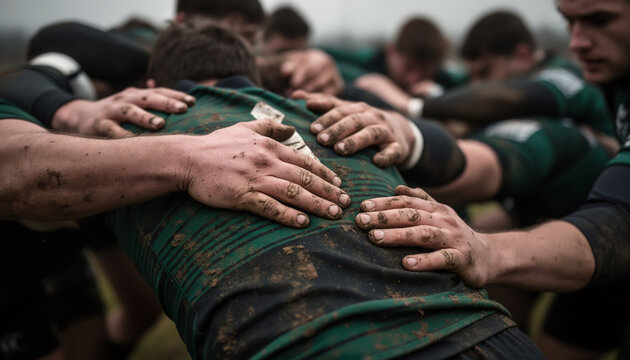 Detailed close-up of professional rugby players in a mud-stained scrum during an intense match, emphasizing teamwork, physical power, and athletic competition in gritty outdoor sports conditions