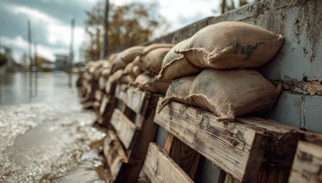 Sandbags line a barrier against rising floodwaters, protecting infrastructure from damage.