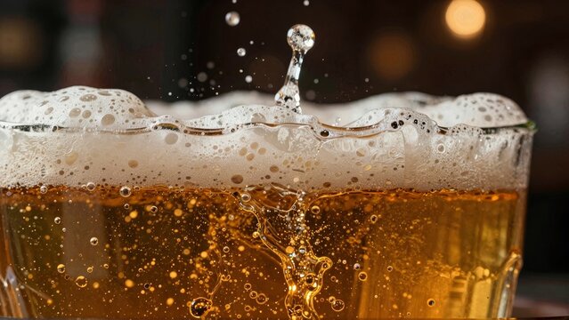 Golden Beer Splash with Foam and Bubbles Macro Shot