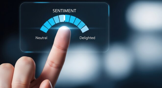 Finger touching digital sentiment analysis gauge with blue scale, for customer satisfaction, user experience feedback, process measuring positive emotional response