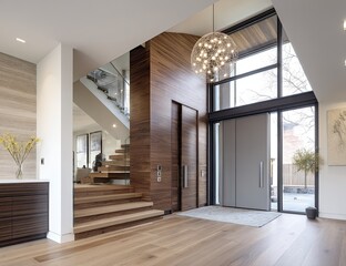 Fototapeta premium A modern interior showcases a stunning entryway with a floating staircase, wood paneling, expansive windows, and a unique spherical chandelier, creating a bright and inviting atmosphere.