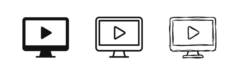 Video Player Icon Set - Computer Monitor with Play Symbol in Three Styles © drawing lines