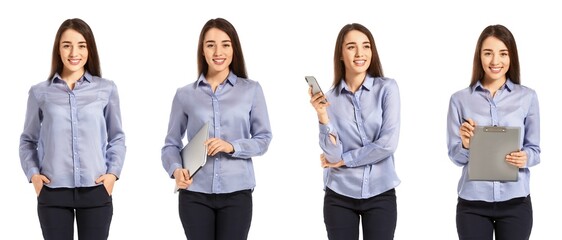 Obraz premium Set of beautiful young businesswoman on white background