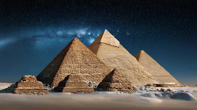 Ancient Wonders: The Great Pyramids stand majestically against a starlit night, embodying the essence of ancient civilization and architectural marvel.
