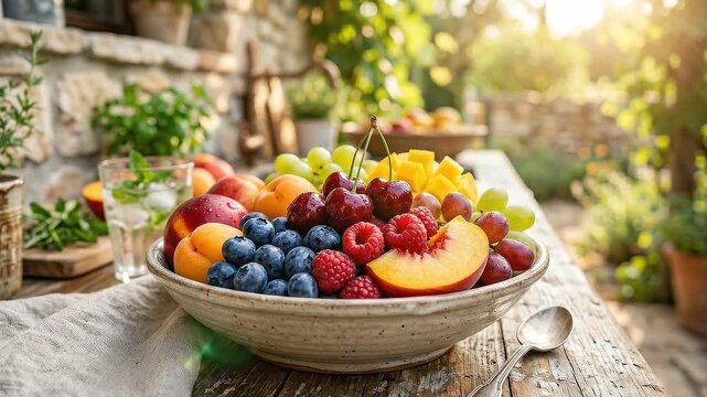 Seasonal Flavor: Fruit bowl arranged on outdoor kitchen counter
