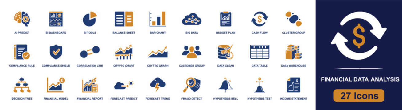 Financial data analysis icon set. Containing dashboard, budget, cash flow, crypto chart, data table, fraud detect, forecast, income report, balance sheet and more. Solid fill vector icons.
