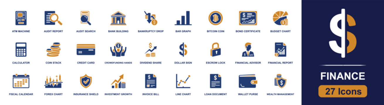 Finance icon set. Containing ATM machine, credit card, calculator, coin stack, bitcoin coin, bank building, loan document, wallet purse, budget chart and more. Solid fill vector icons.